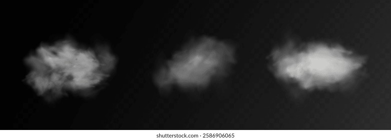 Set of white smoke or fog flow on floor. Large mist in dark room on black background. Smoke on stage studio. White cloud