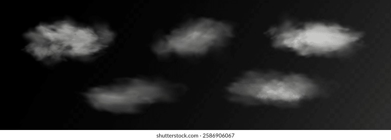 Set of white smoke or fog flow on floor. Large mist in dark room on black background. Smoke on stage studio. White cloud