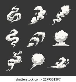 Set of white smoke shapes on dark background. Smoke silhouettes. Cartoon smoke clouds. Vector graphics.