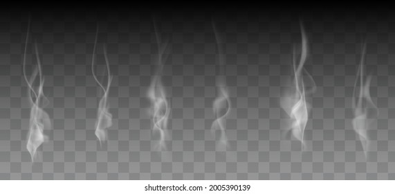 Set of white smoke steam, waves from coffee, tea, cigarettes isolated on transparent background. Vector illustration