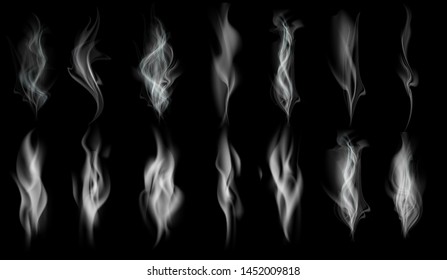 Set of white smoke texture. Pattern isolated on black background. Vector template.