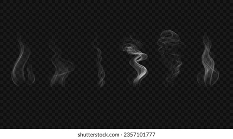 Set of white smoke waves. Vector design elements. Steam from food or hot drink isolated on transparent 