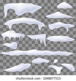 Set of white snow caps and ice vector frame. Isolated on transparent background. Illustration for web design
