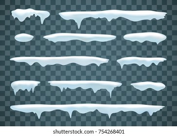 Set of white snow caps. Isolated on transparent background. Vector illustration, eps 10.