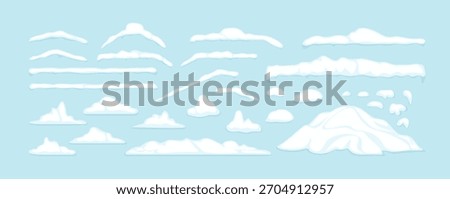 Set of white snow caps isolated on blue background. Vector cartoon flat illustration. Winter design elements. 