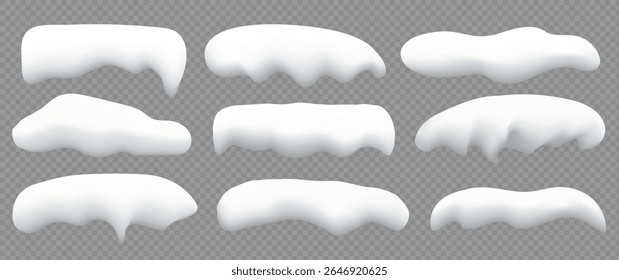 Set of white snow caps on a transparent background. Realistic snow caps, drifts, snowball, icicles and snow piles. Winter elements for your creative design. Vector illustration. Eps 10