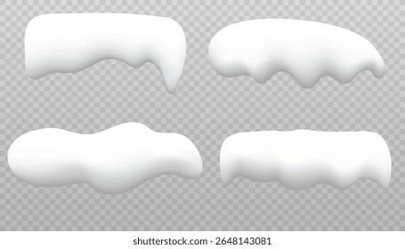 Conjunto de bonés de neve brancos em um fundo transparente. Bonés de neve realistas, drifts, snowball, icicles e pilhas de neve. Elementos de inverno para o seu design criativo. Ilustração vetorial. Eps 10