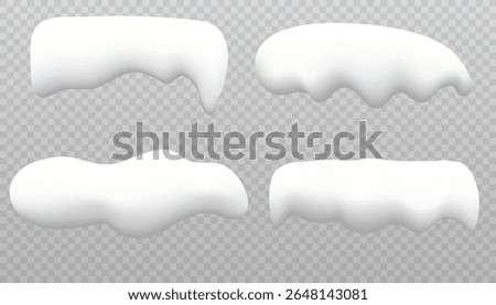 Set of white snow caps on a transparent background. Realistic snow caps, drifts, snowball, icicles and snow piles. Winter elements for your creative design. Vector illustration. Eps 10