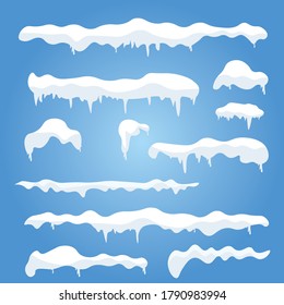 Set of white snow caps. Snow caps, snowballs and snowdrifts are installed. Winter cartoon snow caps, snowdrifts and icicles.