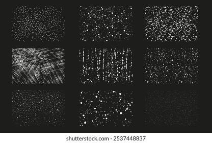 Conjunto de nieve blanca, texturas de hielo y superposiciones para diseños de invierno. Varios patrones de nevada ligera, tormenta de nieve pesada y de ventisca, copos de nieve dispersos sobre fondo oscuro. Cada textura está bajo la máscara