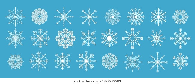 Indique la decoración de navidad de la línea cristalina de copo de nieve blanca sobre fondo azul, colección de elementos congelados adorno de invierno adorno de colección.