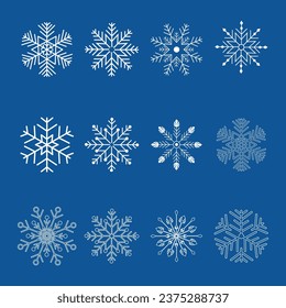 Set white snowflake icons collection isolated on a  blue background.