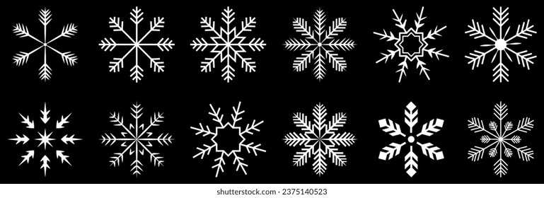 Set of white snowflake icons. Design can use for web and mobile app. Vector illustration isolated on black background