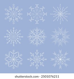 Set of white snowflake icons. Vector illustration.