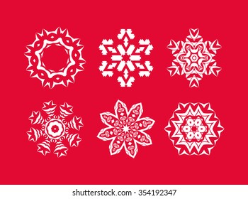 Set of white snowflake on a red background. Christmas snowflakes. Holiday decorations.
