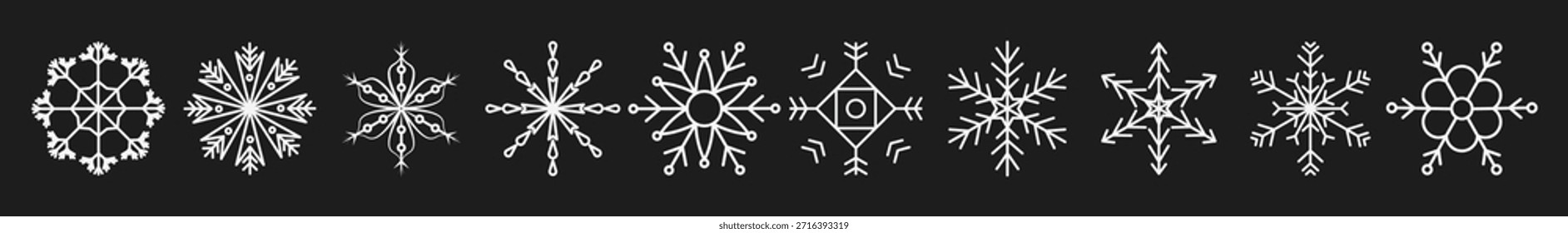 Conjunto de iconos vectoriales de copo de nieve blancos, Navidades de invierno geométricas ornamentadas Formas de arte de línea y Ilustraciones de cristal de nieve decorativas minimalistas para proyectos de diseño de Festiva.