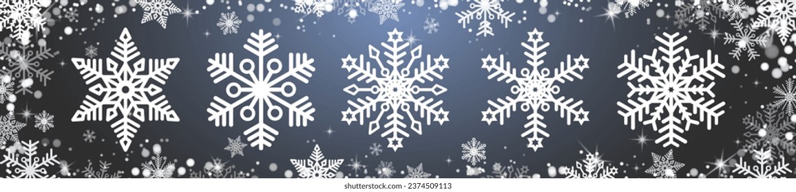Un conjunto de copos de nieve blancos con un fondo oscuro. El elemento de Navidad y Año Nuevo. El símbolo del invierno. Ilustración vectorial.