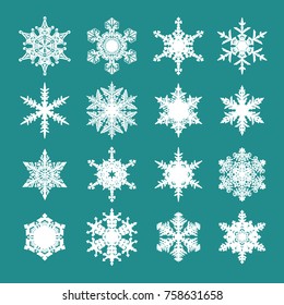 Set of white snowflakes isolated on green background. Vector illustration.