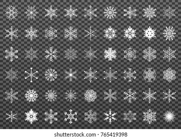 A set of white snowflakes Isolated on transparent background.