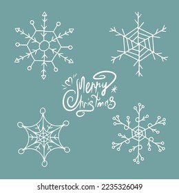 Set of white snowflakes with lettering. Creation of Christmas and New Year design. For postcard, patern or badge. Isolated background. Vector.