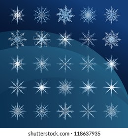 Set of white snowflakes on blue background, a complex pattern