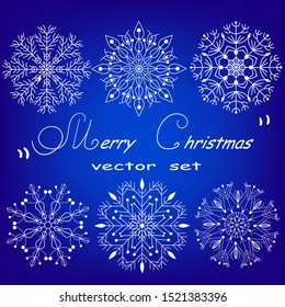 Set of white snowflakes on a blue background.White snowflakes collection on a colored background.