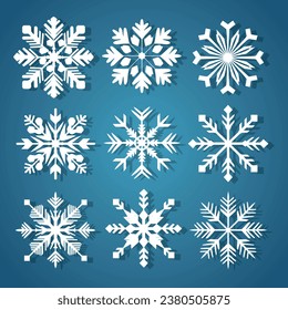 Conjunto de copos de nieve blancos sobre un fondo degradado azul para el diseño invernal. Concepto de elementos de Navidad y Año Nuevo. Vectores copos de nieve. Los copos de nieve son planos. Papel mural de vacaciones