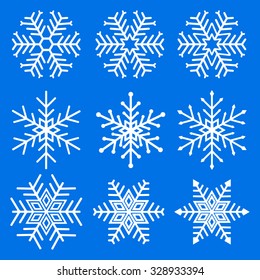 Set of white snowflakes on a blue background. Vector illustration.