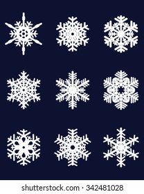 Set of white snowflakes on a blue background, vector