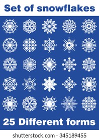 Set of white snowflakes on blue background. Twenty five different forms. Vector Image. Easily transform.