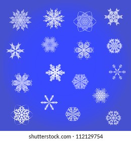 Set of white snowflakes on a dark blue background. Vector. eps 8