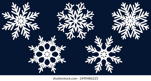 Set of white snowflakes on a dark blue background. Vector illustration for Christmas decoration. Winter.