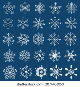 Conjunto de copos de nieve blancos sobre un fondo aislado.