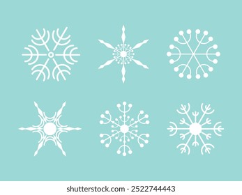 Set of white snowflakes on a light blue background, Isolated Snowflake Collection, Snow-flakes winter collection, snowfall vector illustration