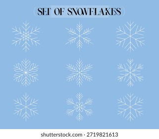 Conjunto de flocos de neve brancos em um fundo azul claro, elementos decorativos
