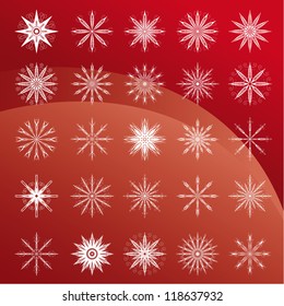 Set of white snowflakes on red background, a complex pattern