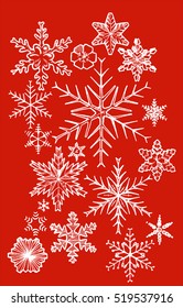 Set of  white snowflakes on red background. Vector illustration in ink hand drawn style. 