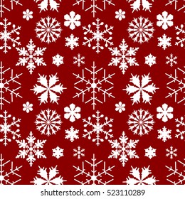 Set of white snowflakes on red background. Vector illustration. Seamless pattern snowflakes on red background