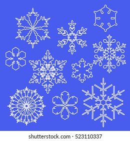 Set of white snowflakes on red background. Vector illustration. Contour snowflakes on blue background
