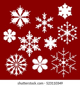 Set of white snowflakes on red background. Vector illustration. 