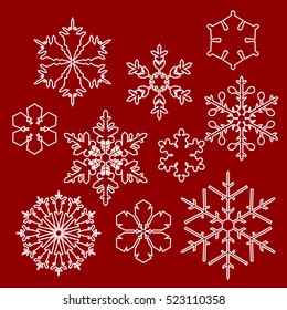 Set of white snowflakes on red background. Vector illustration.Contour snowflakes on red background