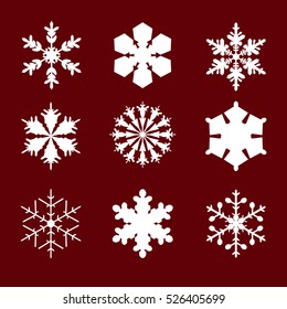 Set of white snowflakes on red background. Vector illustration. Nine snowflakes