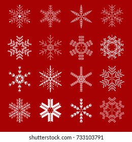 Set of white snowflakes on red background. Vector illustration.