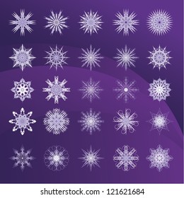 Set of white snowflakes on violet background, a complex pattern