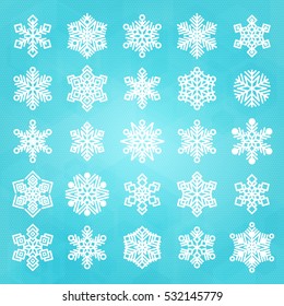 Set of white snowflakes silhouettes isolated on abstract vector background in blue colors. Flat snow icons for christmas cards, banners, wrapping paper. Winter holiday Xmas or New Year 2019 decoration