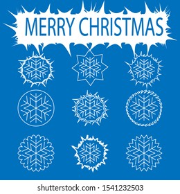 Set of white snowflakes in snowballs. Text Merry Christmas. Can be Christmas card.