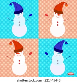set of white snowmen on red background. vector