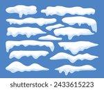 Set of white snowy cape set collection on blue background,  snowdrifts set, Winter element, border frame snow decoration. cartoon flat decoration with snowflakes, icicles isolated on blue.