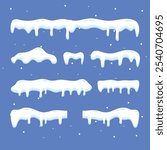 Set of white snowy cape set collection on blue background, snowdrifts set, Winter element, border frame snow decoration. cartoon flat decoration with snowflakes, icicles isolated on blue.