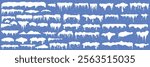Set of white snowy cape set collection on blue background, snowdrifts set, Winter element, border frame snow decoration. cartoon flat decoration with snowflakes, icicles isolated on blue.